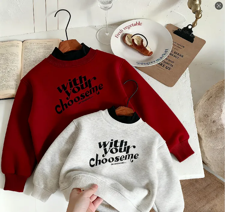 加绒加厚套头冬季韩系宽松印花中大童卫衣高领小中童羊羔绒保暖