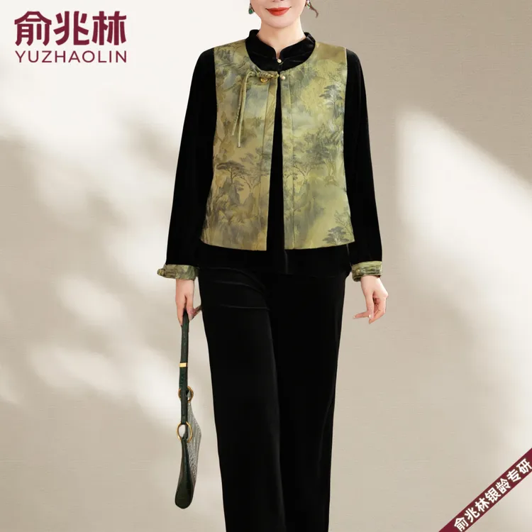 俞兆林2025春新款中老年国风三件套宽松妈妈装竹草马甲金丝绒套装