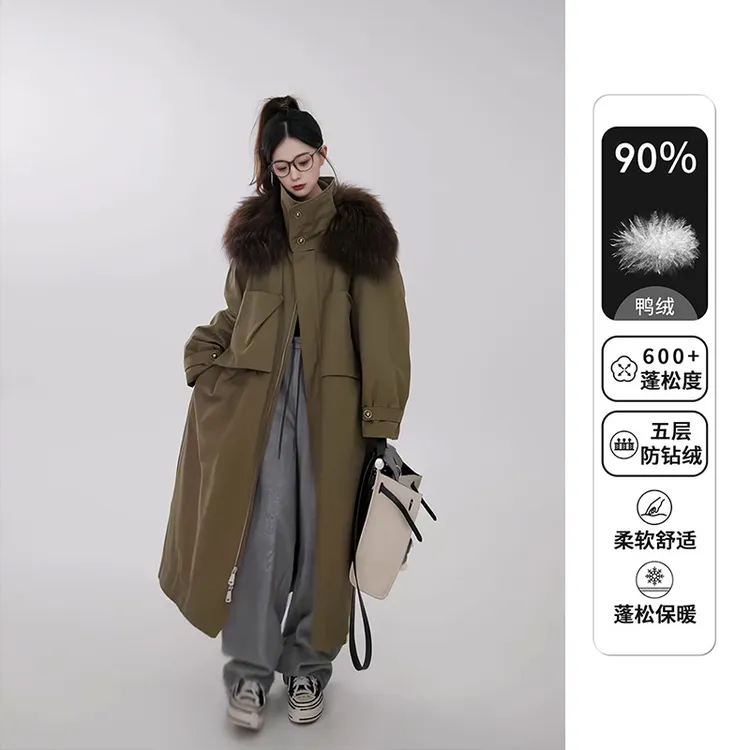 风衣羽绒服立领拉链派克服冬季新款大毛领宽松加厚白鸭绒大衣外套