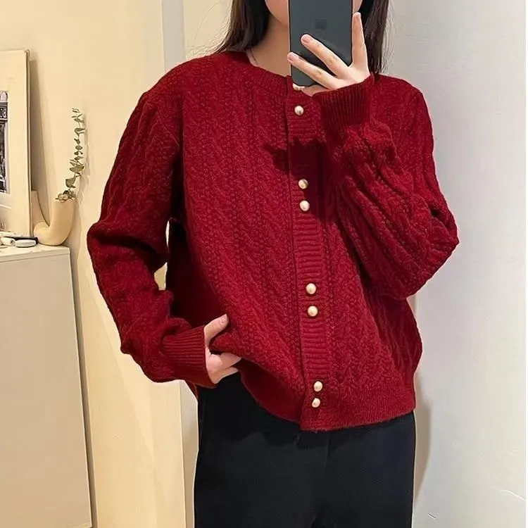 大金扣绞花毛衣开衫女2025秋冬季新款时尚百搭外套外穿毛衣针织衫