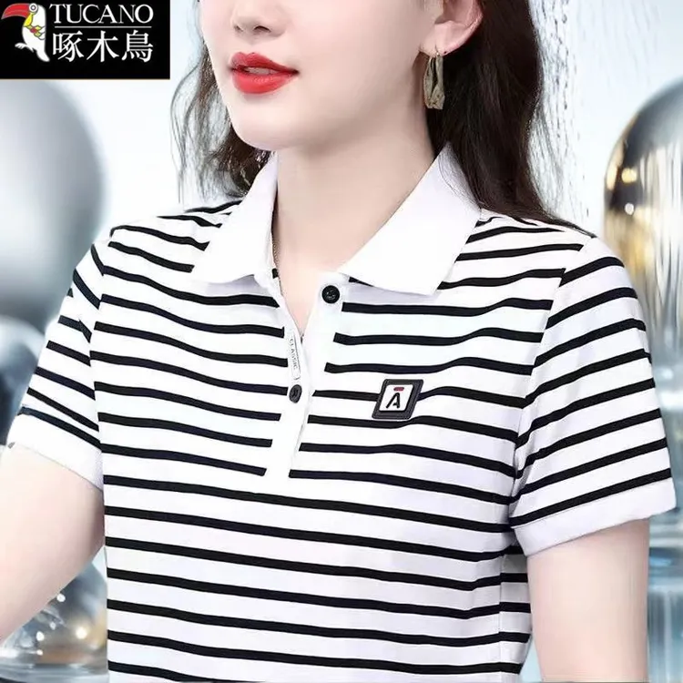 啄木鸟夏季短袖条纹撞色T恤2025年新款POLO领休闲大码运动上衣女