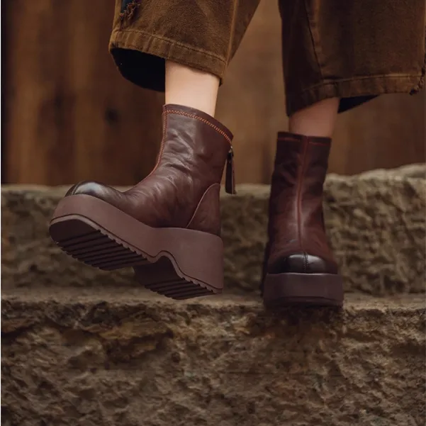 纪诗哲女鞋秋冬真皮厚底短靴女款英伦风复古百搭加绒加厚马丁靴