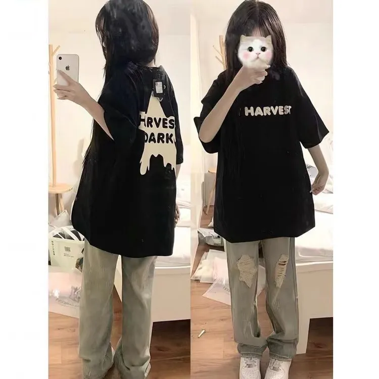 100纯棉新款黑色宽松短袖T恤女复古小众设计感百搭上衣显瘦夏韩版