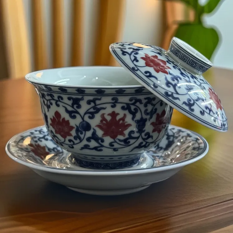 成艺青花釉里红莲纹悬停三才盖碗可转圈可把玩悬停茶艺师表演茶具