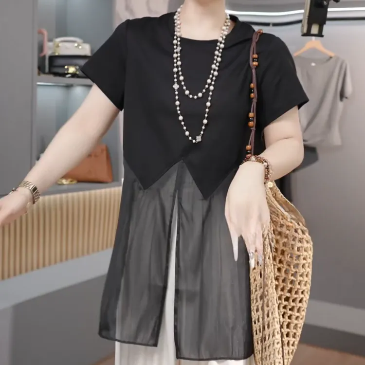 【彰显精致】2025夏季新款韩版设计感拼接网纱显瘦上衣LK2503476