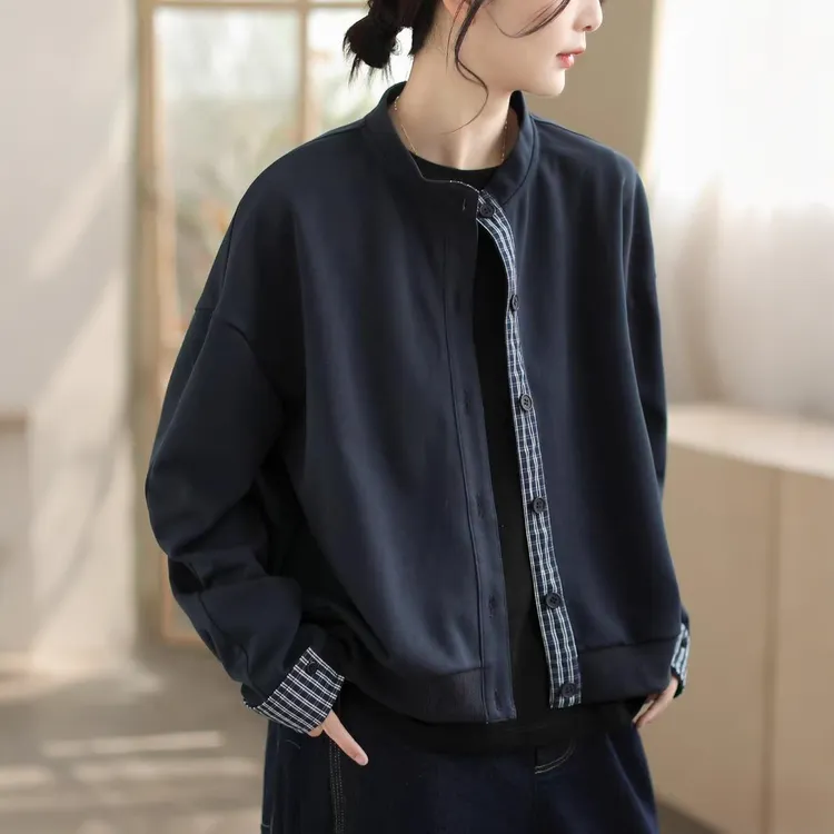 外套女2025秋季新款纯色复古文艺简约宽松拼接立领显瘦女装上衣