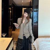 解构主义门襟格纹扭结包边收腰显瘦针织打底衫长袖上衣C 9396#
