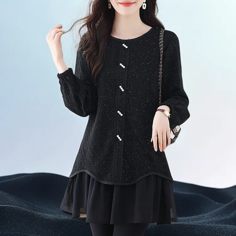 打底衫内搭秋冬大码胖妹妹显瘦亮闪闪拼接雪纺中长款百搭上衣裙子