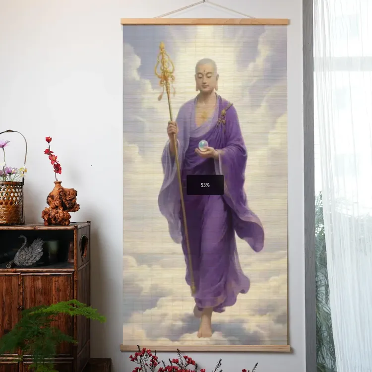 南无地藏王菩萨佛像手工竹编挂画佛堂供奉画中式复古竹帘装饰国画