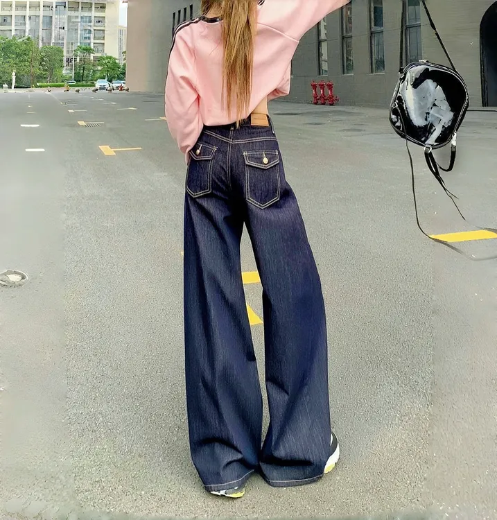 复古丹宁色垂感阔腿牛仔裤女2025秋季新款高腰慵懒风宽松水洗长裤