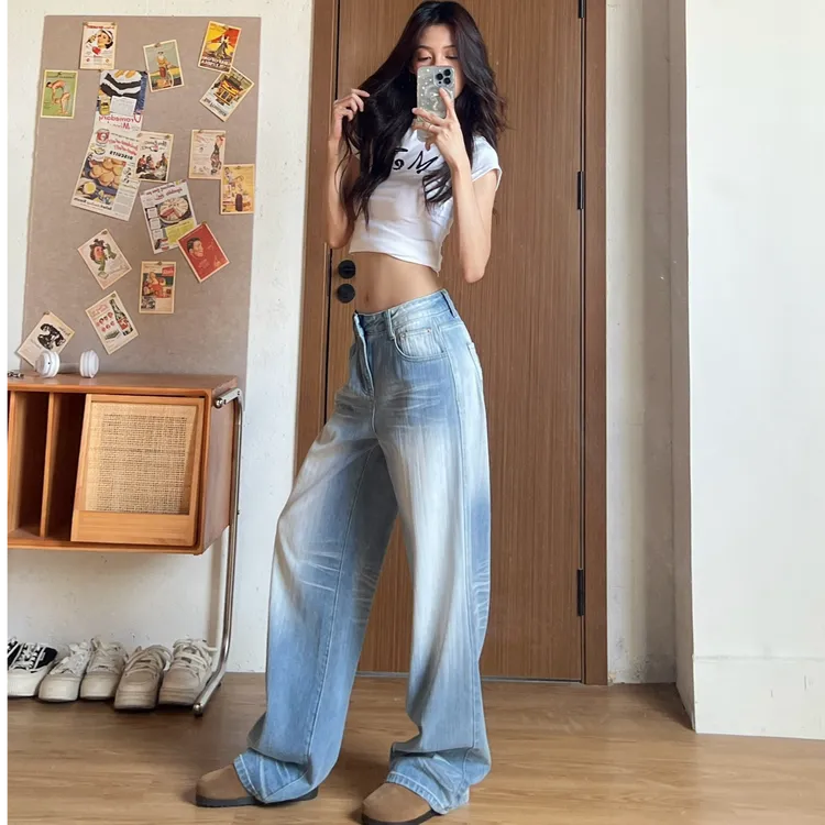 阔腿裤设计感中腰夏季牛仔裤慵懒风垂感辣妹显瘦直筒拖地裤