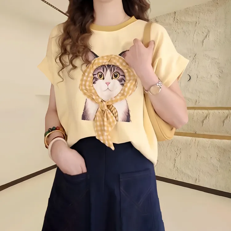 猫咪印花短袖圆领T恤夏季薄款胖MM大码女装宽松显瘦别致减龄上衣
