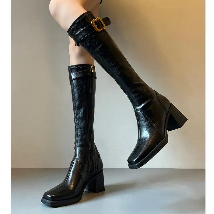 牛皮版~英伦风显瘦直高跟瘦瘦靴女百搭方头皮带扣气质后拉链长靴