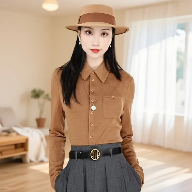 哥弟绵羊毛爆款新款衬衣时尚显瘦修身洋气衬衫女秋冬内搭1300820