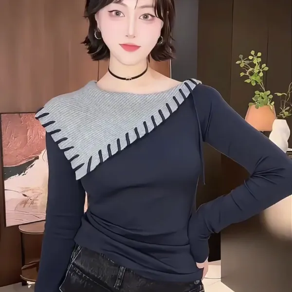 小众设计款拼接针织领T恤女秋冬时尚气质显瘦百搭长袖打底衫上衣