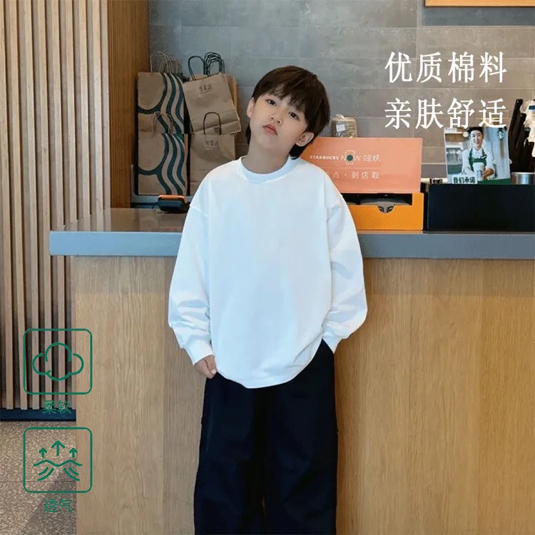 100%纯棉男童t恤长袖春秋季2025新款韩版儿童宽松中大童束口上衣