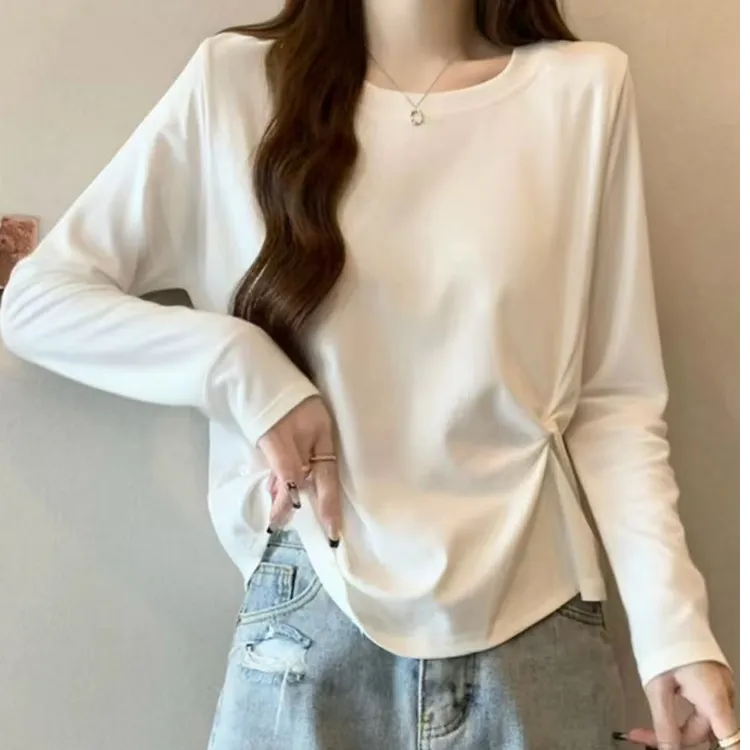 大码白色圆领t恤女春秋季新款韩版胖m显瘦简约打底衫长袖宽松上衣