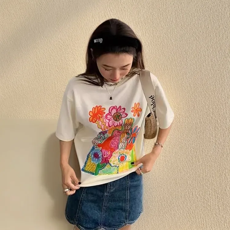 100%纯棉短袖T恤女夏季新款韩版减龄学院风多巴胺卡通上衣ins国潮