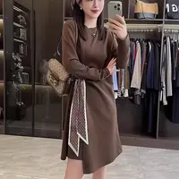 【小鑫】简青风尚 大码胖mm秋季圆领长袖纯色丝巾收腰绑带连衣裙