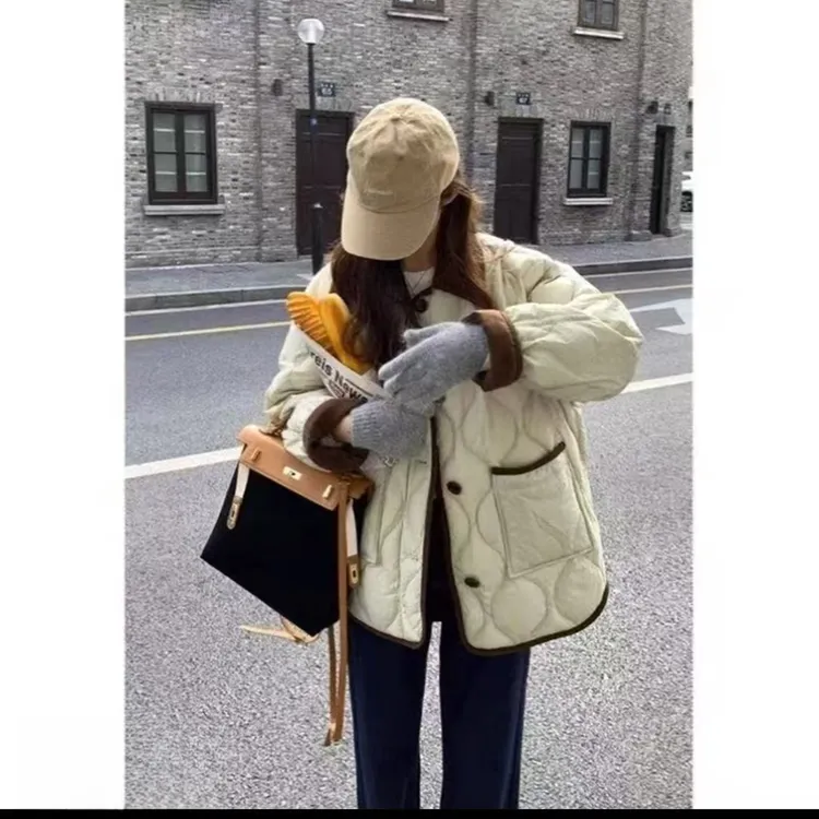 小香风大码棉服菱形格轻薄翻领棉衣2025年秋冬新款棉衣胖mm棉衣女