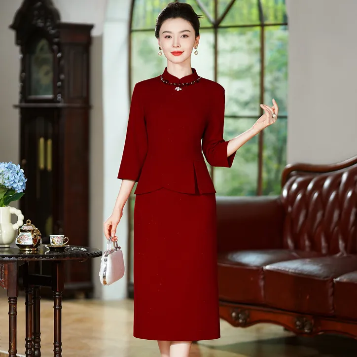 喜婆婆喜妈妈婚宴礼服立领假两件微弹连衣裙中长款修身婚宴喜庆