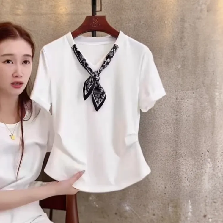大码胖mm法式设计感丝巾短袖T恤女士夏季新款遮肉显瘦纯色上衣ins