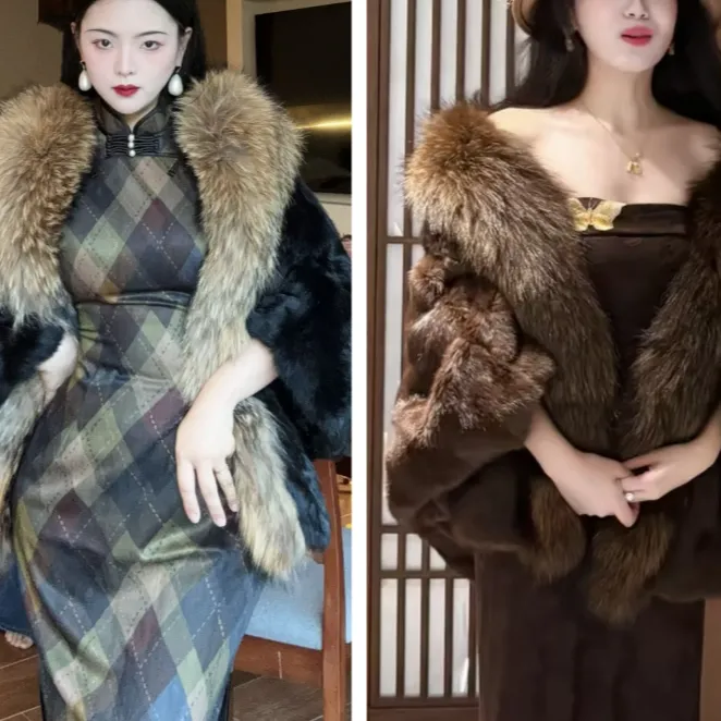 LHMknk1画报夫人秋冬皮草贵妇外套蝙蝠袖阔版兔毛貉子毛外套