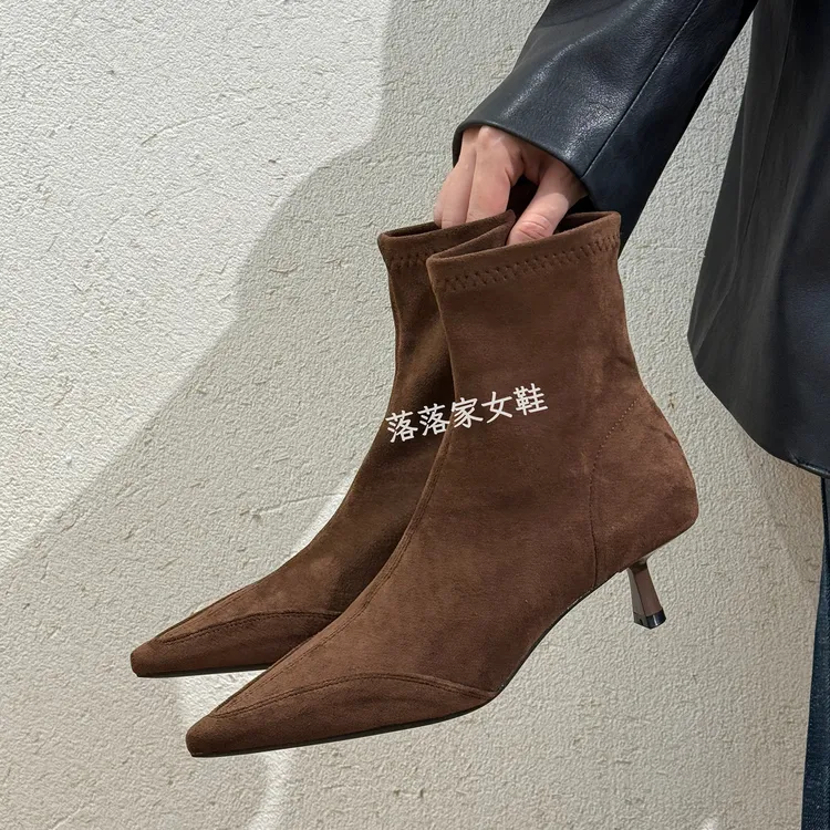 两种跟高~百搭气质细跟弹力瘦瘦靴子高跟鞋小众拼接猫跟尖头短靴