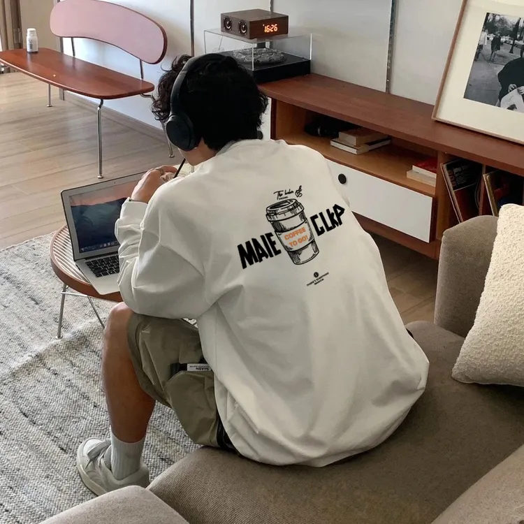 美式高街复古咖啡杯印花休闲潮流街头重磅纯棉宽松百搭长袖T恤