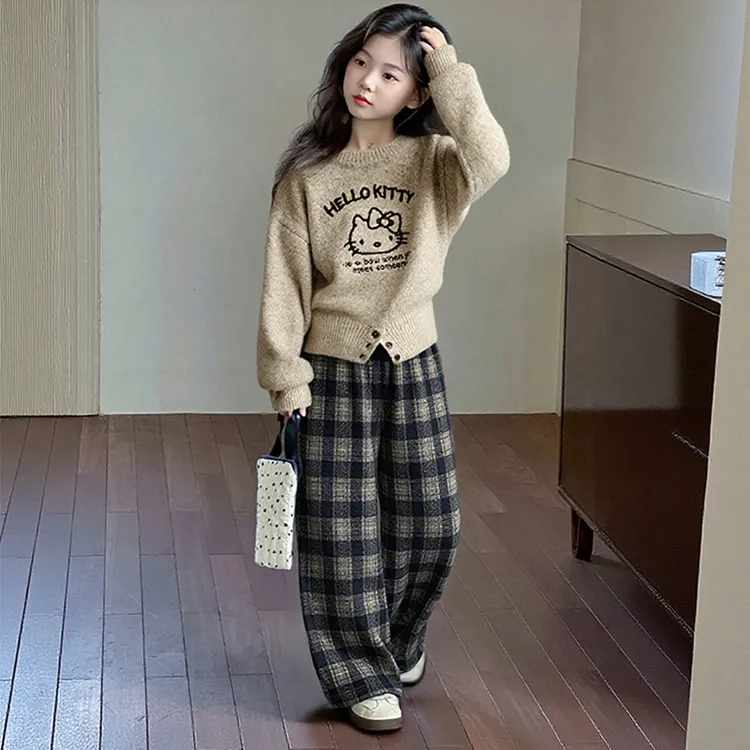 女童秋冬毛衣套装2025新款女大童秋装时尚套头针织衫格子裤两件套