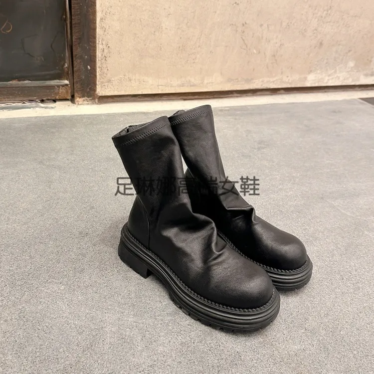 2025秋冬新款加绒内增高褶皱弹力瘦瘦靴后拉链百搭显瘦短靴马丁靴