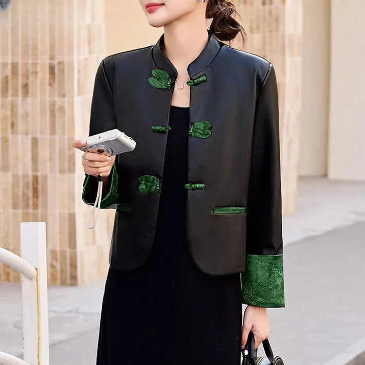 新中式国风盘扣皮衣外套女2025年新款春秋小个子复古短款PU皮上衣