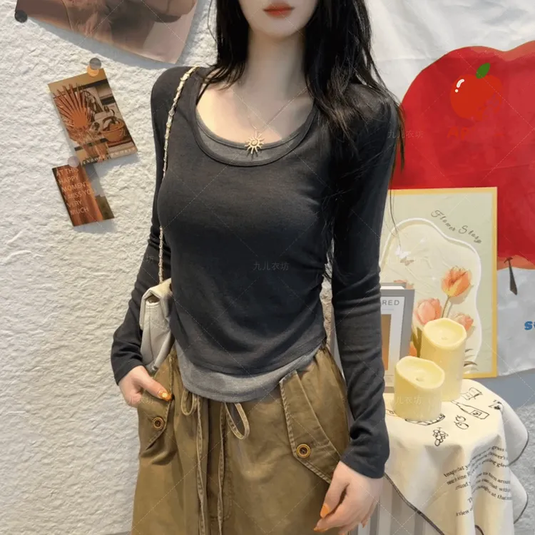 假两件长袖圆领T恤设计感2025新款秋季撞色百搭打底衫女上衣ins潮