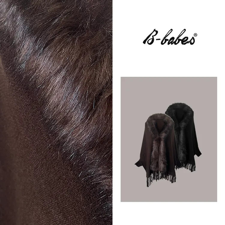 B-babes【压寨夫人】流苏斗篷披肩毛领披风纯色毛织外搭-重磅400克