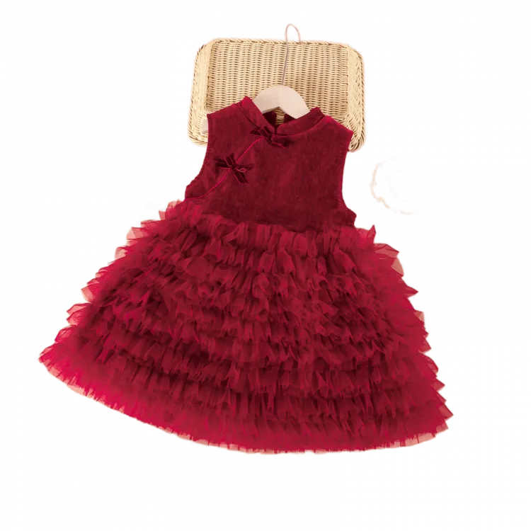 ff加厚洋气背心裙套装儿童新款加绒小童感蛋糕裙红色秋冬宝宝公主