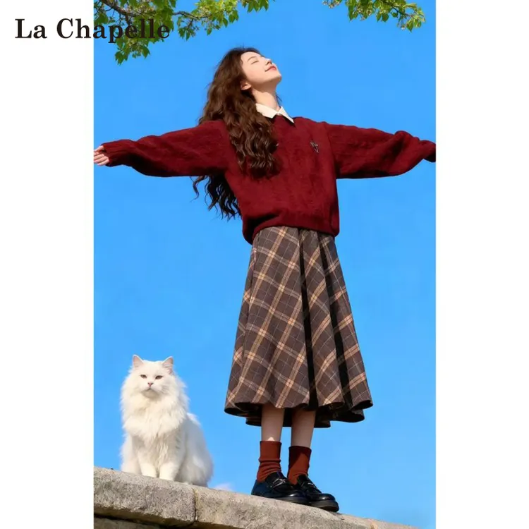 拉夏贝尔超好看加厚毛呢格子半身裙女秋冬新款高腰中长款a字伞裙