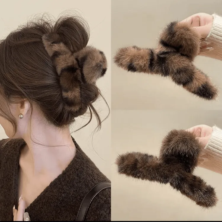 豹纹毛绒抓夹秋冬新款毛毛发夹后脑勺盘发鲨鱼夹子半扎发头饰发卡