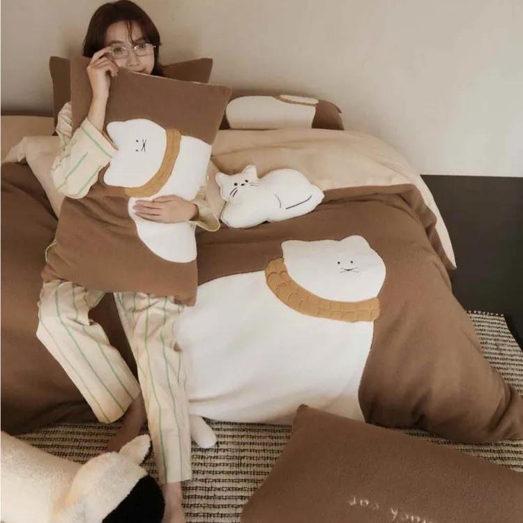 【咪咪小猫】羊咩绒牛奶绒刺绣四件套柔软加厚保暖可爱床品套件