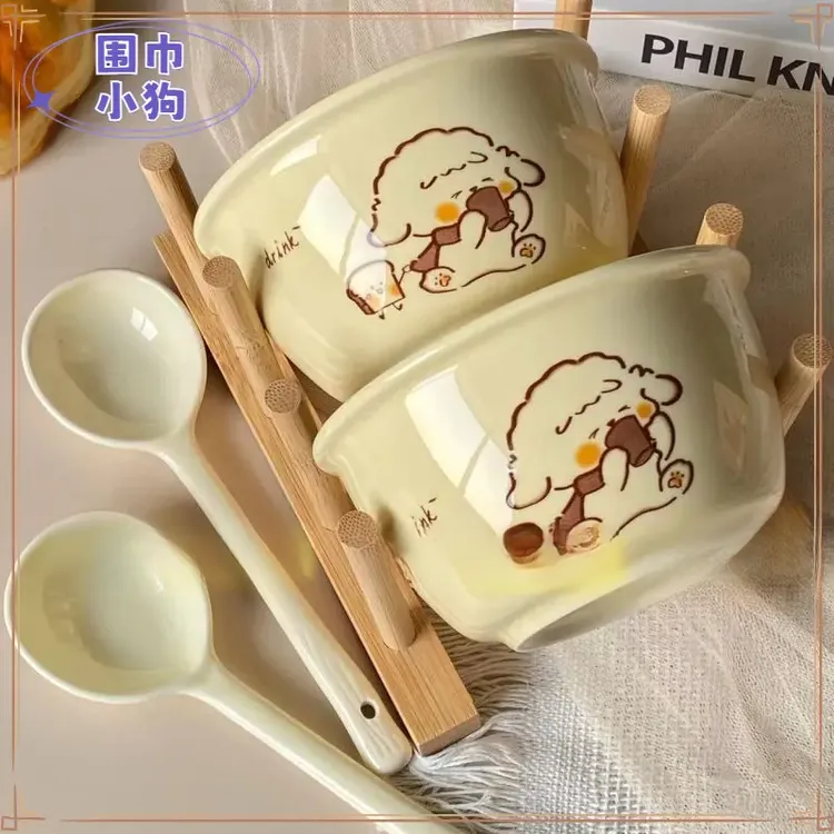 【围巾小狗碗勺】可爱陶瓷碗釉下彩卡通饭碗ins风米饭碗吃饭碗A082