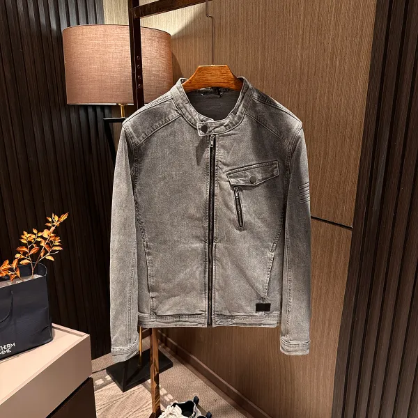 【复古美式休闲 】25秋装新款男士简约灰色立领短款修身牛仔衣夹克
