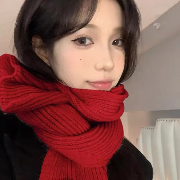 针织围巾围脖新年红色氛围感ins韩版时尚百搭保暖防寒纯色秋冬季