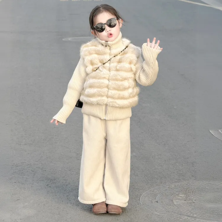 女童仿皮草夹棉外套秋冬2025新品宝宝洋气毛毛拼接卫衣加绒休闲裤