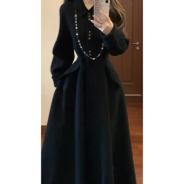 富家千金风气质翻领收腰呢子大衣秋冬季高级设计感毛呢外套9839