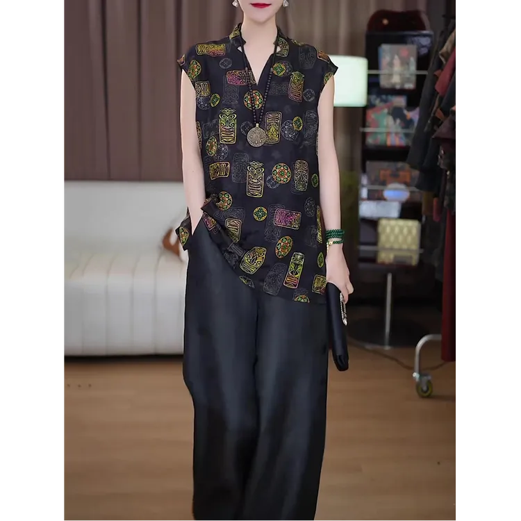 高档时尚民族风套装女2025夏装新款新中式复古宽松显瘦上衣+长裤