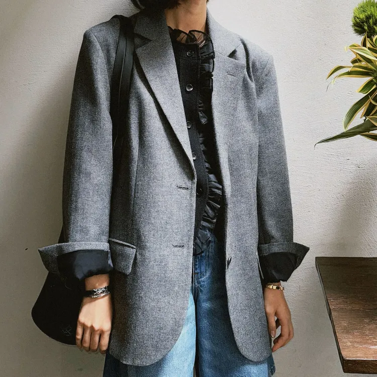 DE Mincollection灰西装/秋季正肩显瘦杂灰休闲风西装外套52476