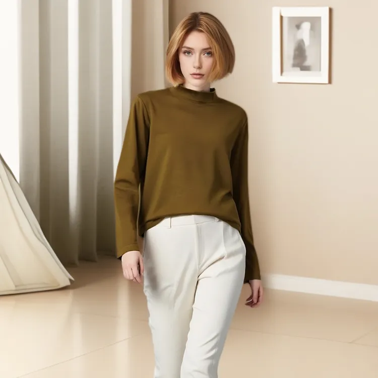 男女新款春季半高领常规保暖长款T恤时尚针织修身简约圆领打底衫