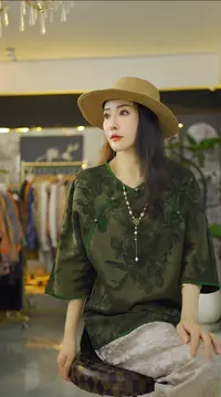 （盘丝）国风连衣裙短袖老钱风复古提花上衣早秋新中式