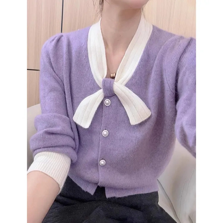 蝴蝶结设计毛衣针织开衫女秋冬新款洋气微收腰显瘦内搭长袖上衣