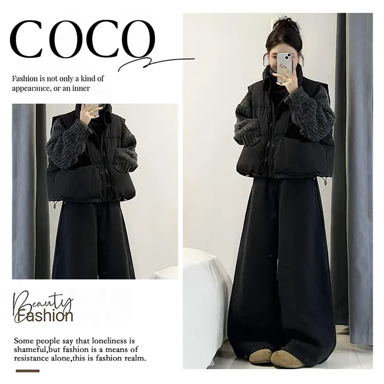 2025秋冬新款大码装韩系减龄宽松马甲慵懒风针织毛衣休闲裤三件套