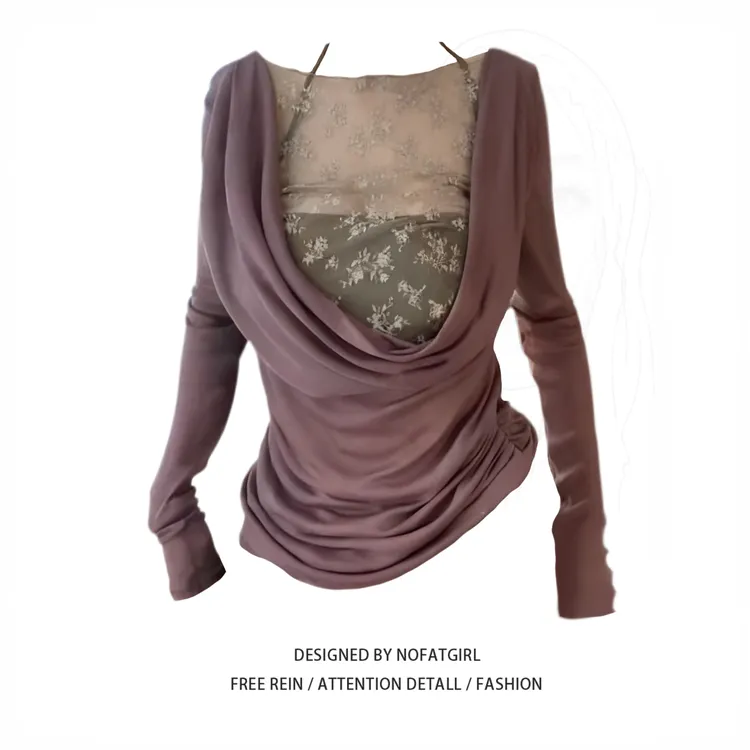 大码胖妹妹纯欲风蕾丝拼接荡领长袖t恤女秋季设计感镂空辣妹上衣